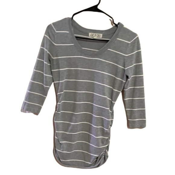Pink Rose Sweaters - Pink rose roushed gray and white stripe fitted sweater with 3/4 sleeves